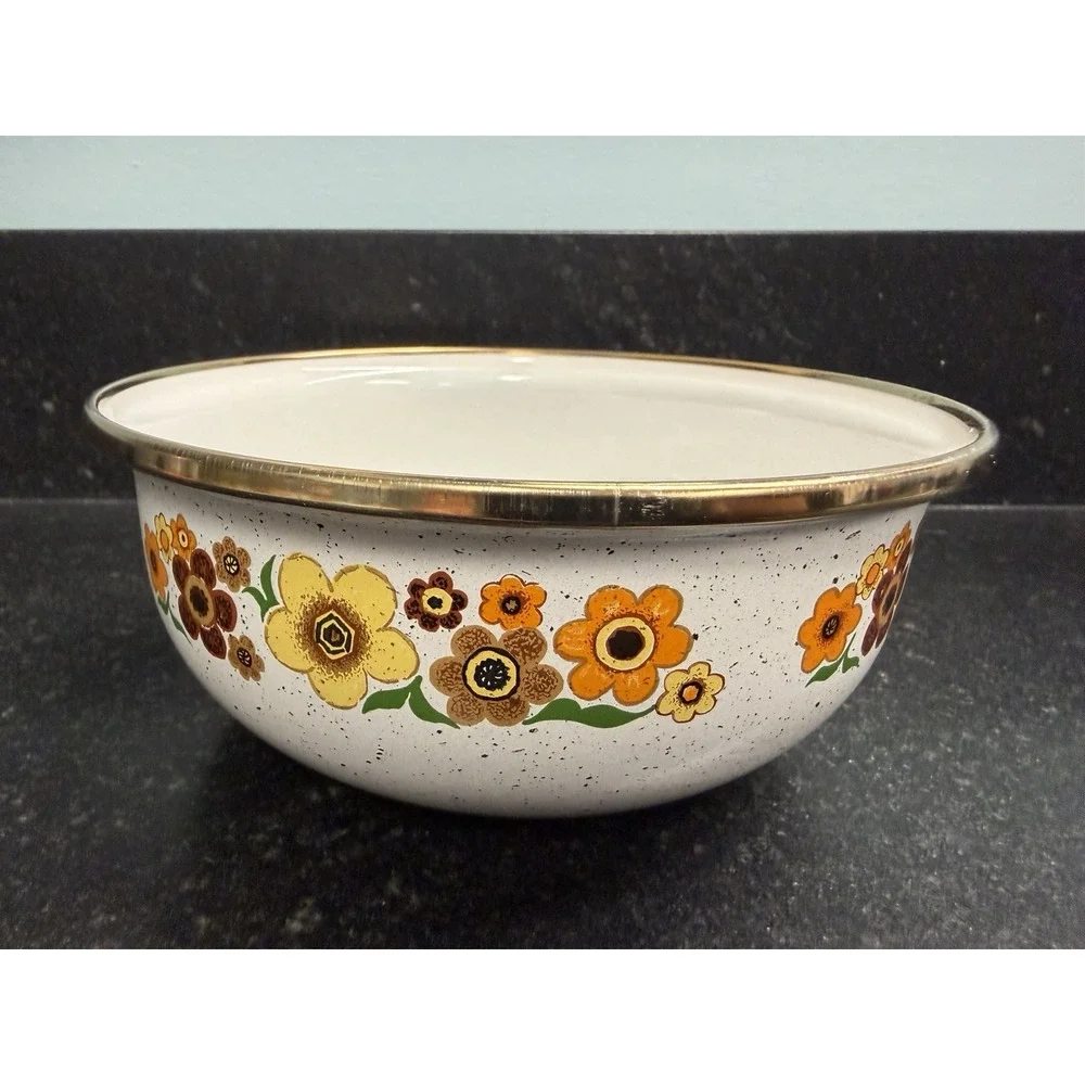 Vtg Crowning Touch Harvest Blossom Enamel Bowl Set 1970s Floral Nesting Bowls